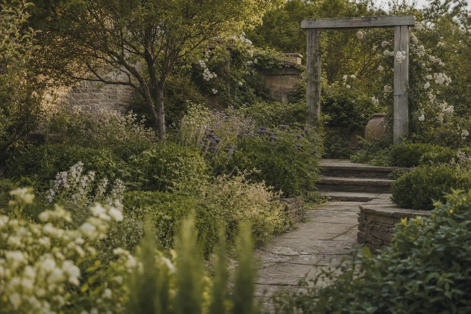 Layered planting and stone path in a designed garden